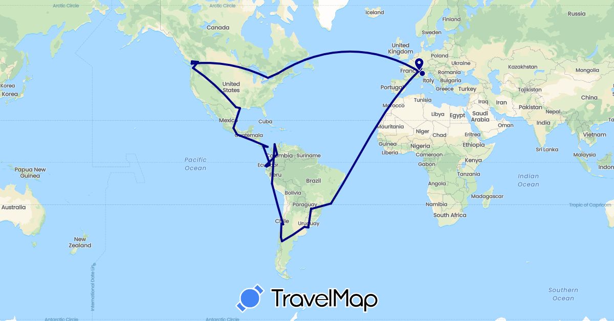 TravelMap itinerary: driving in Argentina, Brazil, Canada, Switzerland, Chile, Colombia, Ecuador, Italy, Mexico, Panama, Peru, Paraguay, United States, Uruguay (Europe, North America, South America)