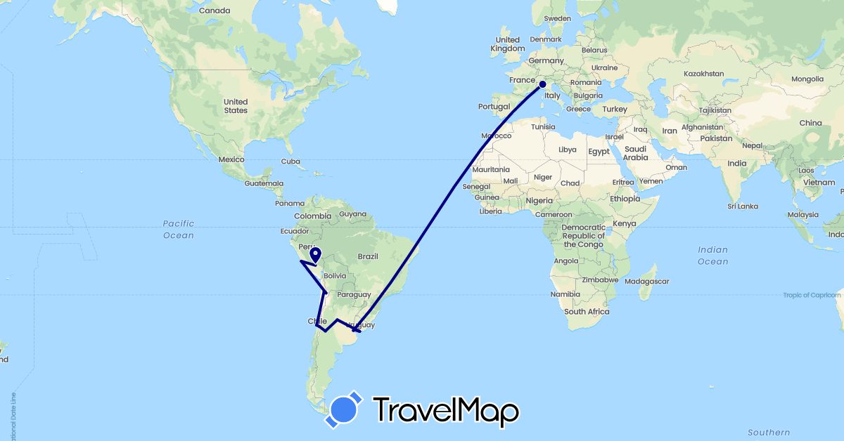 TravelMap itinerary: driving in Argentina, Chile, Italy, Peru, Uruguay (Europe, South America)